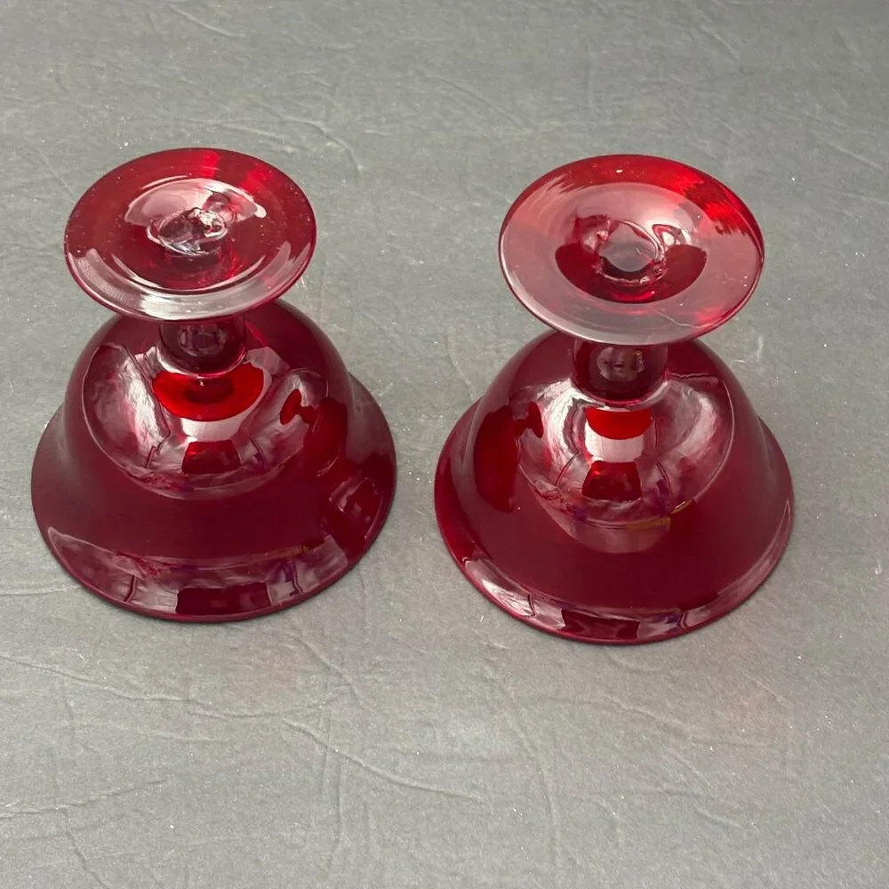 Vintage Ruby Red Hand Blown Glass Dessert Coupe Sherbet Set of 2 Art Deco Pontil